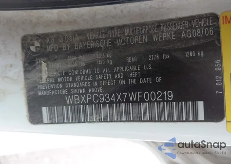 2007 BMW X3 3.0Si from USA, damaged, VIN WBXPC934X7WF00219